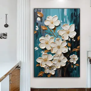 Large Heavy Textured Flower Oil Painting on Canvas Abstract White Floral Landscape Wall Art Modern Living Room Home Deco