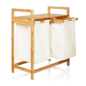 竹制洗衣篮两个带可拆卸袋子的洗衣篮