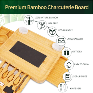 Plateau à fromage en bambou avec 3 tiroirs de rangement, plateau de charcuterie avec couteaux à fromage, tire-bouchon et bols à sauce en céramique personnalisés - Product Image 6