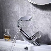 Keran Air Panas Dingin Model Air Terjun untuk Wastafel Keramik Modern Kontemporer, Satu Lubang, Pemasangan di Atas Meja, Kuningan Hitam Brushed HUBEN Metered