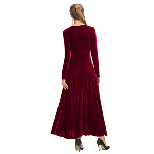 Las mujeres de baile de fiesta rojo vestido largo con cuello en V de manga completa falda alta cintura vestido de <span class=keywords><strong>terciopelo</strong></span> - Product Image 6