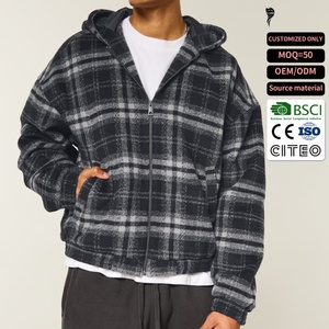 New Arrival Custom Plaid <b>Flannel</b> Hooded <b>Jacket</b> Zip Up Warm Winter Heavyweight Hoodie for Men - Product Image 1