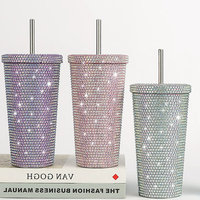 Gobelet isotherme en acier inoxydable brillant effet diamant avec paille, bouteille d'eau fantaisie avec couvercle