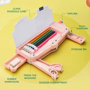 Posh Dream kotak pensil plastik, kotak pensil sisi ganda fungsional teknologi tinggi dengan kartun