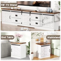Meuble TV blanc de style farmhouse de 98 pouces avec design convertible 3-en-1 et portes coulissantes de type grange pour téléviseur de 100 pouces