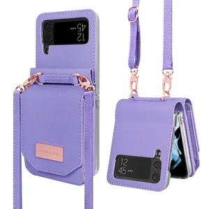 Funda de cuero VIETAO para teléfono móvil Galaxy Z Flip 4 3 con correa para el cuerpo funda trasera de PU para Samsung Z Flip 3 4 funda para móvil