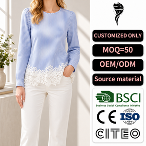 Camicetta da Donna Personalizzata OEM con Maniche Lunghe a Righe <span class=keywords><strong>Blu</strong></span> e Bianche e Finiture in <span class=keywords><strong>Pizzo</strong></span> Nuova Moda - Product Image 1