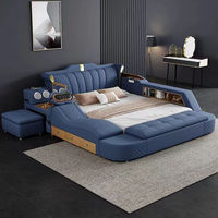 Lit intelligent moderne de luxe en cuir capitonné avec rangement, disponible en tailles King, Queen et Simple