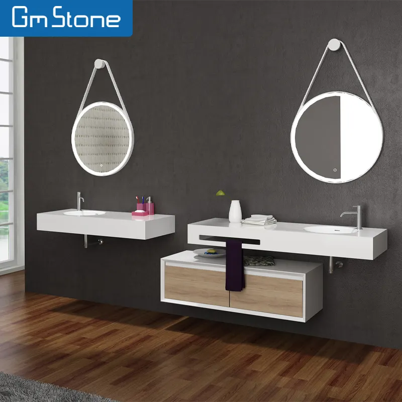 GM20126 vanité en pierre artificielle avec évier lavabo de luxe blanc solide surfaces de lavabo mur suspendu bassins de salle de bains éviers de salle de bains