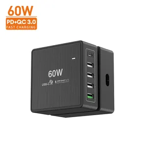 5 포트 60W 유형 C PD + QC3.0 + 스마트 IC 포트 휴대 전화 빠른 충전 충전기 어댑터 및 led 표시기