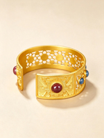 Bracelet manchette large ouvert en argent sterling 925 plaqué or, motif floral ajouré filigrané vintage, incrusté de pierres précieuses, vente en gros