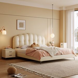 Letto Matrimoniale in Pelle Nera Stile Crema, Moderno Minimalista, per Camera da Letto Padronale, 18m, con Contenitore Imbottito in Legno Massello - Product Image 2