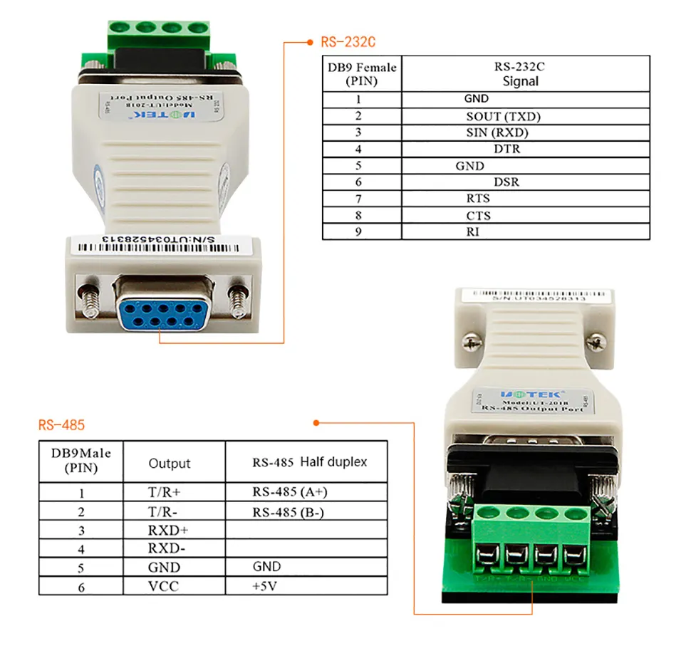 미니 RS232 에 RS485 변환기 RS 232 DB9 RS-485 어댑터 직렬 커넥터 반이중 안티 라이트닝 UT-201B RS-232