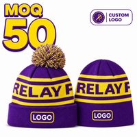 Bonnet en tricot unisexe personnalisé avec pompon, rayures jacquard, logo en relief, bordure côtelée, chaud, pour l'hiver, le sport quotidien