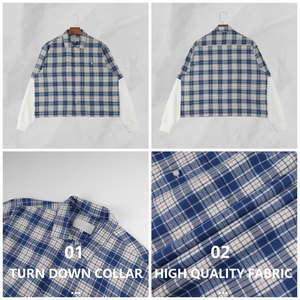 100% Pure Cotton Men's Loose Fit <strong>Patchwork</strong> Plaid Detachable Waffle Sleeve <strong>Shirts</strong> - Product Image 4