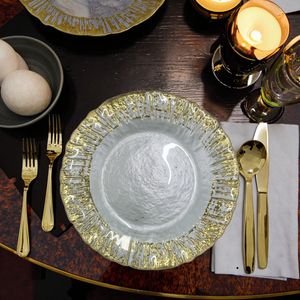 Assiette en verre rétro de style occidental, dorée, avec dentelle, pour steak froid, salade, dessert, assiette de présentation en verre transparent pour décoration de mariage - Product Image 6