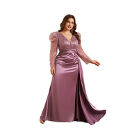 Robe de Soirée Grande Taille Col V, Perles et Paillettes, Robe de Cérémonie Formelle en Satin Drapé, Maxi Robe Formelle Coupe A