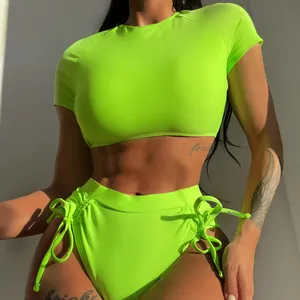Неоново-Зеленый бикини с высокими штанинами и футболкой, стринги, купальник, комплект бикини из двух частей, накидки