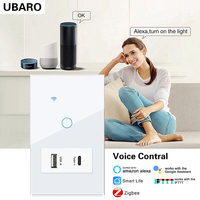 Interrupteur intelligent UBARO Tuya Zigbee 1 voie avec port USB A USB-C PD 20W, prise de type 118, panneau tactile en verre, compatible Alexa et Google Home
