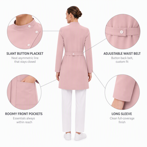 Bata Médica Personalizada para Mujer con Cuello Mandarín, Manga Larga, Cinturón, Uniforme de Enfermera, Túnica para Clínica Estética y Hospital, Logotipo OEM - Product Image 3