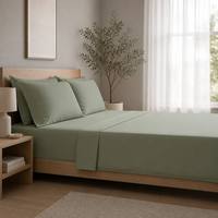 Parure de lit 4 pièces moderne en polyester tissé vert uni avec taies d'oreiller pour la maison, les mariages et l'hôtellerie