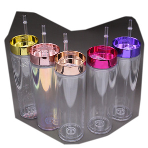 Vasos con tapas y pajitas, vasos con doble pared acrílica, transparente, transparente, sin Bpa, personalizado, 16Oz, venta al por mayor - Product Image 1