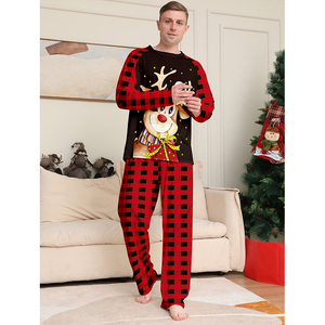 Atacado Cross-Border Deer Cartoon Print Pijama Natal Inverno Quente Manga Longa Xadrez Natal Família Combinando Conjuntos Pijama - Product Image 2