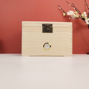 Boîte de rangement à thé Xinghong, rectangulaire, couleur bois naturel, avec hygromètre, couvercle à charnière verrouillable, usage domestique - Product Image 4