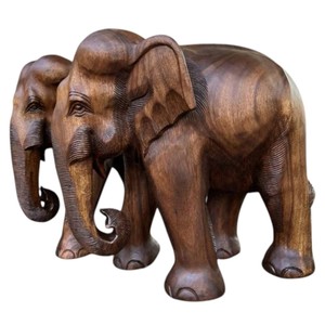 Par de Elefantes de Madera de Roble Tallados a Mano de 12 Pulgadas, Decoración de Feng Shui Tailandés, Acabado Elegante en Roble con Color Roble Completo Sin Pelo Negro - Product Image 5