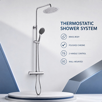 Système de douche thermostatique mural contemporain en laiton avec pommeau de douche pluie à double poignée en chrome poli