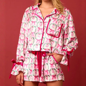 Conjunto de <span class=keywords><strong>Pijamas</strong></span> Navideños para Mujer SMOOTH, Ropa de Dormir de Manga Larga y Pantalones Cortos para Otoño e Invierno con Diseño de Puños con Lazo - Product Image 1