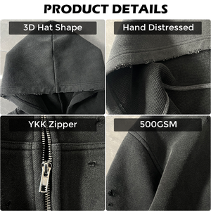 Sudadera con capucha corta para hombre, de 500GSM de alto gramaje, personalizada, estilo vintage desgastado, con cremallera YKK, efecto de orificios y diseño de hombro caído cuadrado - Product Image 3