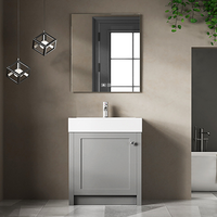 Meuble-lavabo autoportant gris en PVC avec vasque en céramique et miroir, armoire de rangement moderne pour salle de bain résidentielle, location et appartement