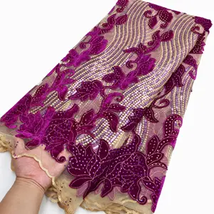NI.AI kain renda beludru beludru beludru dengan batu kualitas tinggi kain renda jaring payet untuk gaun pernikahan wanita
