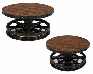 Table basse industrielle avec plateau rond en bois, design rustique automobile, pour salon, salle de séjour, man cave et décoration de garage - Product Image 3