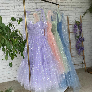 Light Purple A-Line Bridesmaid Dress Sweetheart Neckline Mesh Tulle Gown Natural Waistline Candy Color Style - Product Image 3