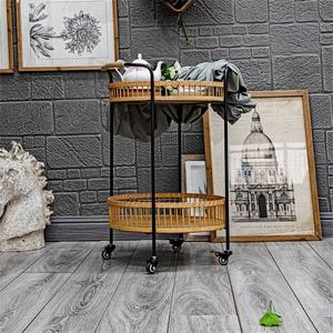 Chariot de cuisine en bambou et rotin fait main, 2 niveaux, étagère de rangement alimentaire écologique avec 4 roues pour salon - Product Image 4