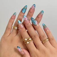 Ongles à presser en acrylique transparent style Océan, dégradé bleu-rose, fleur de cerisier 3D, ornement doré, perle, strass, forme amande, personnalisés