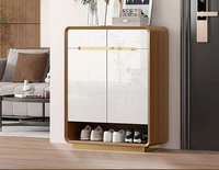 Meuble à chaussures moderne en bois massif blanc laqué, structure en noyer, design modulaire rotatif et réglable pour l'entrée et le couloir