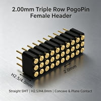Connecteur PCB Denentech 2.00mm Triple Rangée PogoPin Femelle Droit SMT, H2.5/H4.0mm, Contact Concave et Plat