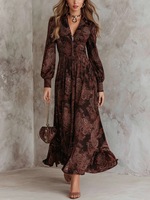 Robe longue Y100 de luxe élégante en polyester, imprimé cachemire vintage, hiver automne, manches longues, fermeture éclair sur le devant, fluide, pour soirée