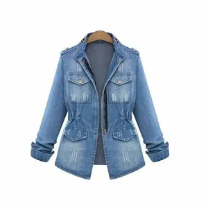 Jaket Denim Wanita Ukuran Plus, Jaket Denim Wanita Ukuran Plus, Jaket Denim Vintage Dicuci 5Xl dengan Pinggang Yang Dapat Disesuaikan, Jaket Panjang untuk Wanita