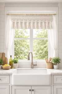 White Macrame Window Valance Tassel Curtains <b>Kitchen</b> Sunshade Home <b>Decor</b> - Product Image 2