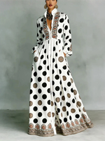 Robe bohème de haute qualité en coton mélangé pour femmes, col montant, manches longues, imprimé, longueur au sol, robe de vacances avec poches latérales