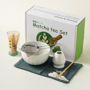 Bộ 6 chén trà matcha kèm dụng cụ đánh matcha, hộp quà tặng, gốm sứ trắng hồng, bán sỉ - Product Image 2