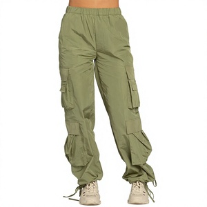 Women's Olive Green <b>Cargo</b> <b>Pants</b> Elastic Waist Loose Fit Utility Trousers With Pockets - Product Image 1