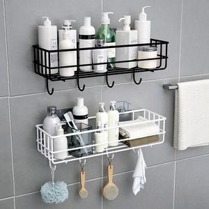 Estante de almacenamiento para baño montado en la pared, blanco y negro, sin taladro, organizador de gel de ducha con ganchos para toallas y accesorios - Product Image 1
