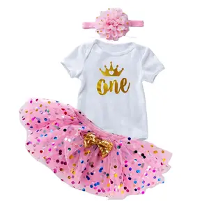 女婴一岁生日珠光宝气一件罗柏短裙花朵皇冠头带一岁生日短裙连衣裙DGHB-045