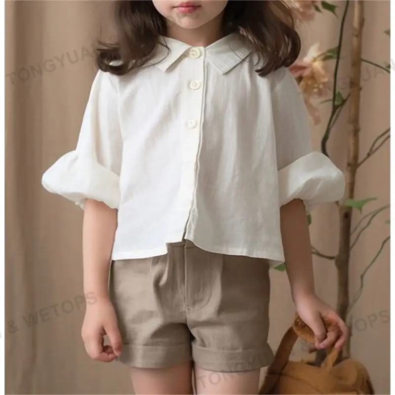 Koreaanse Stijl Kids Meisjes Witte Blouse Mooie Kinderen Linnen Katoenen Shirts