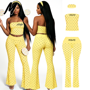 OEM Custom <strong>Printed</strong> Polka Dot Homewear <strong>3</strong>-Piece <strong>Set</strong>: Stretchy Tube Top, Flared Pants with Matching Headband, Women's Fashion <strong>Set</strong> - Product Image 6
